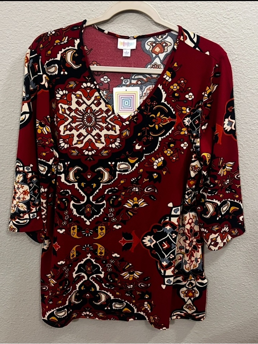 LuLaRoe Burgundy Paisley Print Tunic Top Large 3/4 Wide Sleeves Stretch Fall